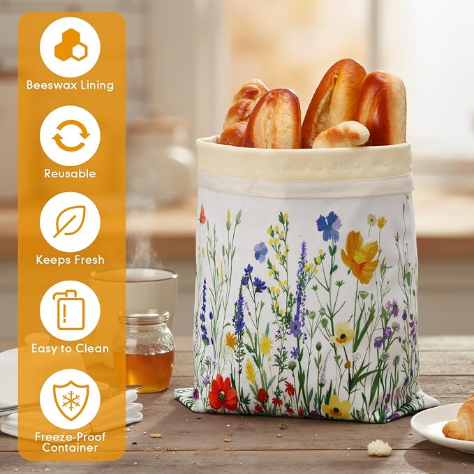 2 Pcs XL Beeswax Bread Bags for Sourdough Reusable 13” x 17” Large Bread Bags with Improved Beeswax Coating Food Wraps for Mother's Day Homemade Loaf Fresh Freezer(Wildflower)