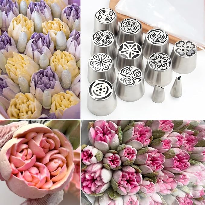 22 Pcs Stainless Steel Extra Large Russian Tulip Flower Icing Tips Set, 10 XXL Piping Nozzle,1 Big Leaf Tip,1 Petal Rose Flower Tip,10 Disposable Pastry Bags for Cake Decorations