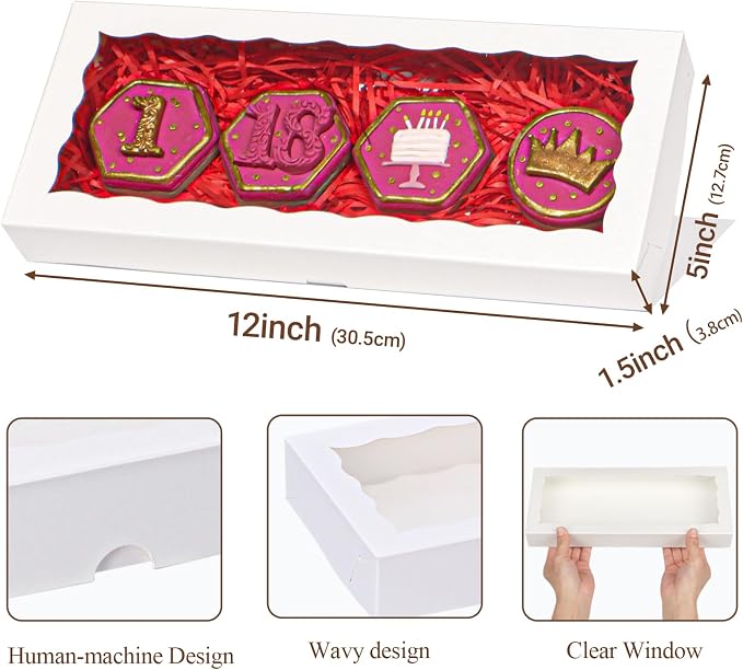 50pcs 12x5x1.5Inches White Bakery Boxes with Window Cookies Boxes Macaron Boxes. Cakesickle Boxes Browines Treat BoxesChocolate Truffle Boxes for Christmas Valentine's Easter Mother's Day