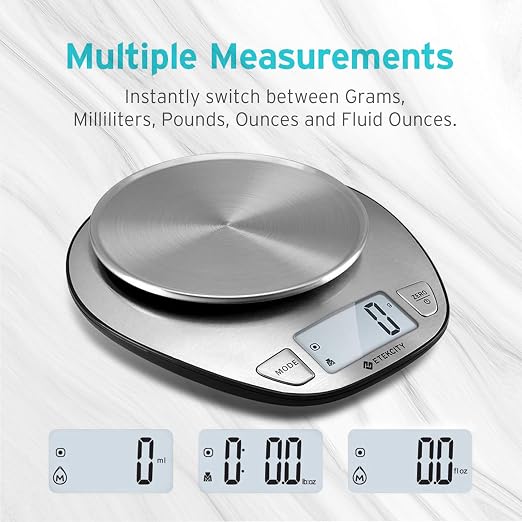 Etekcity 11lb/5kg Stainless Steel Digital Kitchen Food Scales, with Liquid Volume Measurement Function, Auto Zero/Tare and Large Backlight LCD Display, Silver