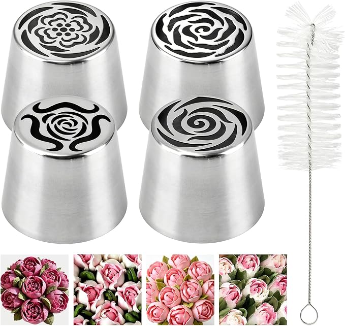 4 Pcs Large Russian Piping Tips Set, Frosting Nozzles Cream Icing Tips for Making & DIY Dessert Cookie Cake, 4 Floral Pattern Cake Decorating Supplies, Clean Brush Included