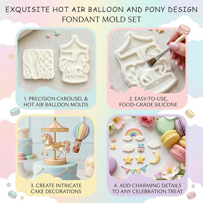 2Pcs Carousel & Hot Air Balloon Fondant Molds 3D Bear Rainbow Silicone Candy Molds for Cake Decorating, Cupcake Toppers, Cholocate, Polymer Clay, UV Resin, Flexible Gum Paste Tool