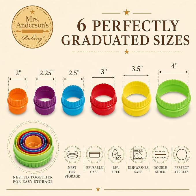Mrs. Anderson’s Baking Double-Sided Graduated Cookie Biscuit Cutters, BPA-Free, Round, Set of 6 Graduated Sizes