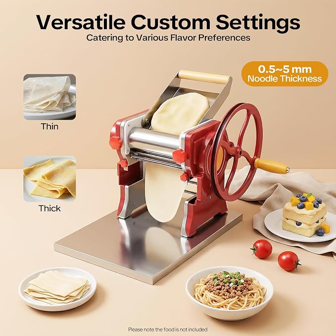 Manual Noodle Machine, Commercial Pasta Maker, Dough Sheeter Machine, Adjustable Thickness 0.5-5mm, Dough Roller Machine, Spaghetti Dough Machine for Home