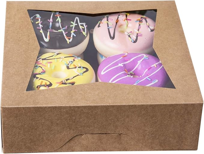 ONE MORE [15pcs] 8" Brown Bakery Pie Boxes, Kraft Cardboard Cookie Box with Window Auto-Popup Natural Disposable Pastries Boxes 8x8x2.5inch,Pack of 15