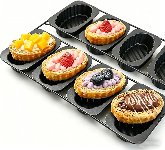 8-Cavity Egg Tart Molds, Fluted Edge Small Tart Pan Boat Shaped, Mini Oval Loaf Tray, Nonstick Baking Pans for Pound Cake, Banana Bread, Cheesecake, Brownies