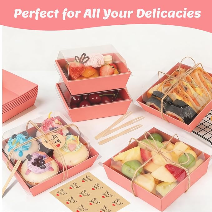 24 Pack Small Charcuterie Boxes with Clear Lids, Paper Mini Charcuterie Box To Go, Disposable Food Container with Lid, Dessert Boxes for Sandwich, Cookie, Sushi, Cake Slice, and Strawberries, Pink