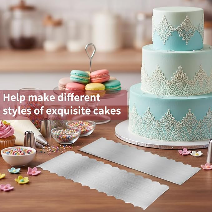 2 Pack 8.7 Inch Stainless Steel Cake Scraper, Double Sided Patterned Edge Stripe Edge Smoother Scraper Frosting Scraper Cake Decorating Comb for Mousse Butter Cream - Style 1