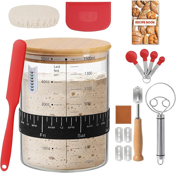 RYTOXILO Sourdough Starter Jar Kit, 50 Oz Glass Large Sour Dough Jars Wide Mouth for Beginners, 8 Pcs Bread Starter Container Set with Bamboo Lid, Sourdough Jar with Bread Baking Supplies Accessories