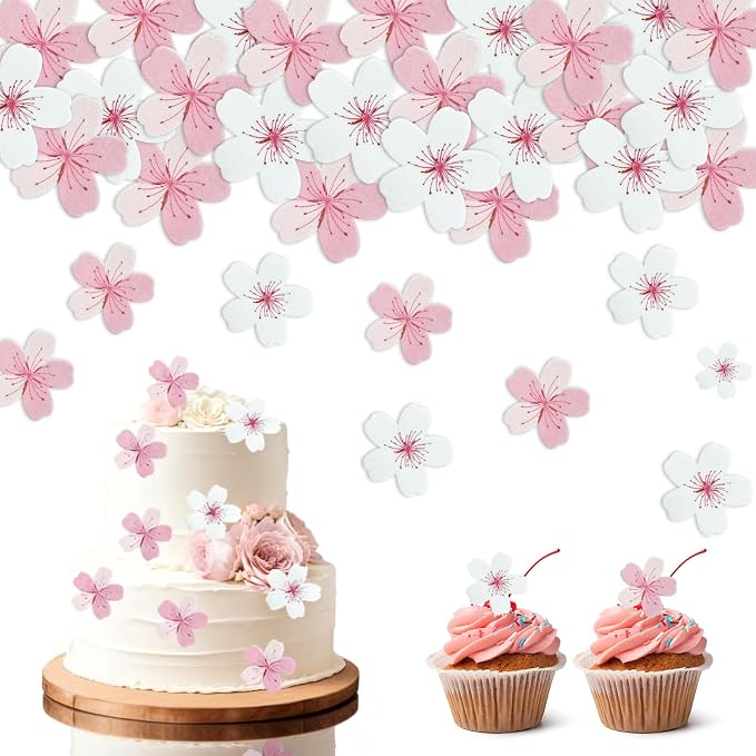 Edible Flowers Cake Decorations - Edible Flowers Set of 60PCs, Edible Cherry Blossom Cake Decorations Wafer Paper Flower Cupcake Toppers for Wedding Birthday Party (White & Pink)