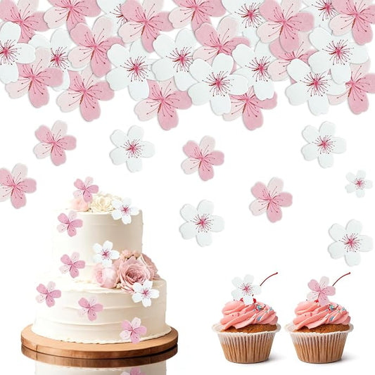 Edible Flowers Cake Decorations - Edible Flowers Set of 60PCs, Edible Cherry Blossom Cake Decorations Wafer Paper Flower Cupcake Toppers for Wedding Birthday Party (White & Pink)