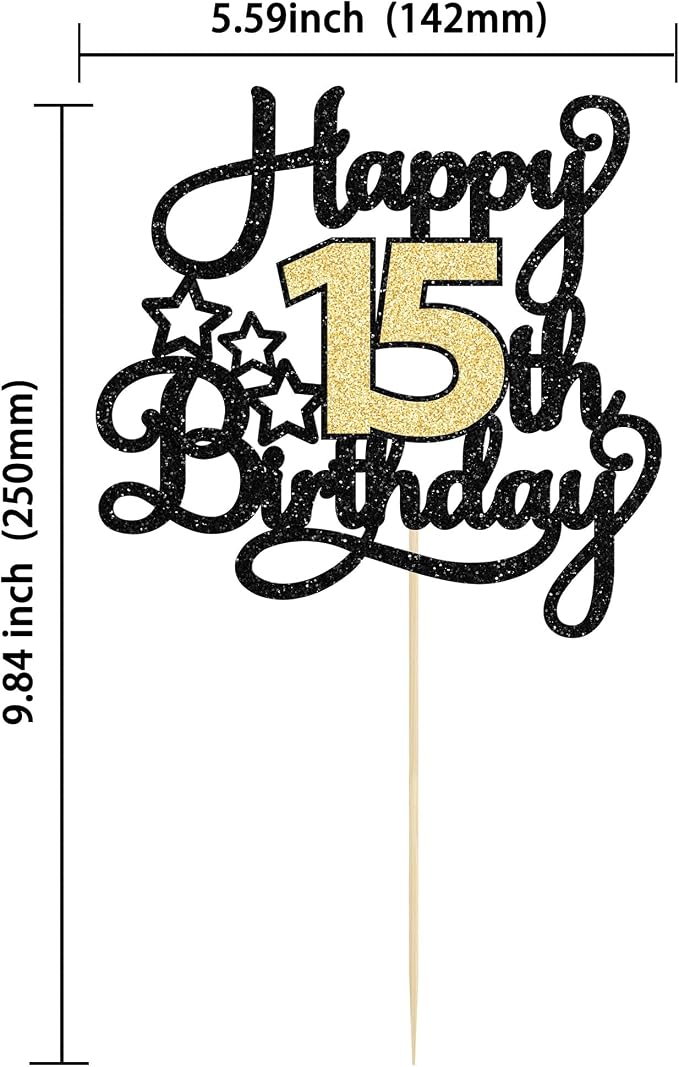 1Pc Happy 15th Birthday Cake Topper Black Gold Glitter Cheers to 15 Years Birthday Cake Pick 15 Fabulous Cake Decoration for Happy 15th Birthday Anniversary Party Cake Decorations Supplies