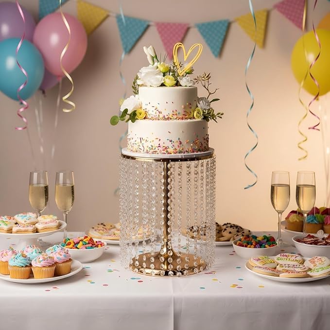 Wedding Cake Stand for Dessert Table 12 Inch Gold Crystal Pendants Metal Cake Stand Serves as A Round Dessert Cupcake Display Plate 16 Inch Tall (Gold)