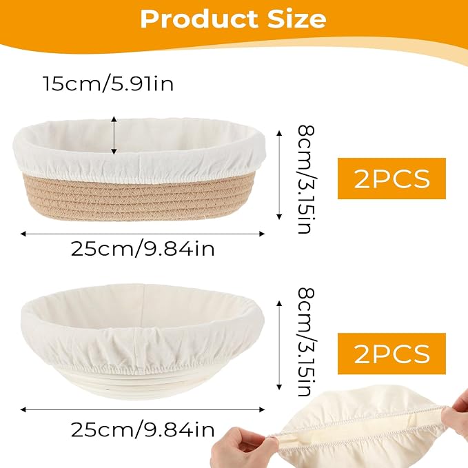 4 Pcs Bread Proofing Basket Cloth Liner, Round Banneton Basket Liner for Sourdough Bread, Natural Rattan Proofing Basket with Cloth Cover for Home Baking