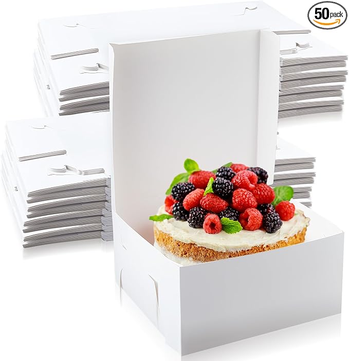 Ireer 50 Pack 10 x 10 x 5 Inch White Cake Boxes Cardboard Bakery Boxes for Pie Pastry Cookie