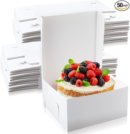 Ireer 50 Pack 10 x 10 x 5 Inch White Cake Boxes Cardboard Bakery Boxes for Pie Pastry Cookie