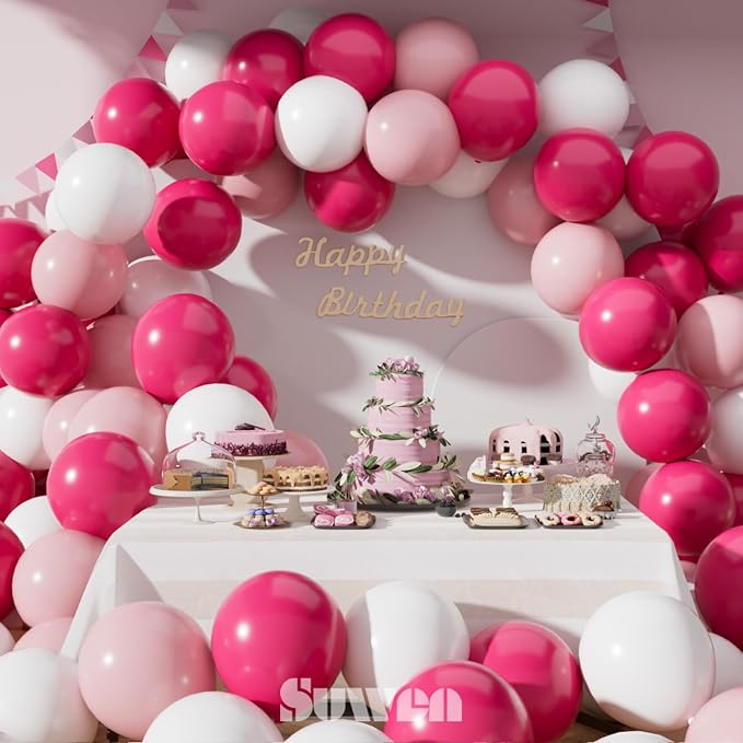 SUWEN Hot Pink Balloons 60Pcs,12 inch Hot Light Pink and White Latex Balloons for Birthday Wedding Bridal Shower Princess Valentines Party Decorations