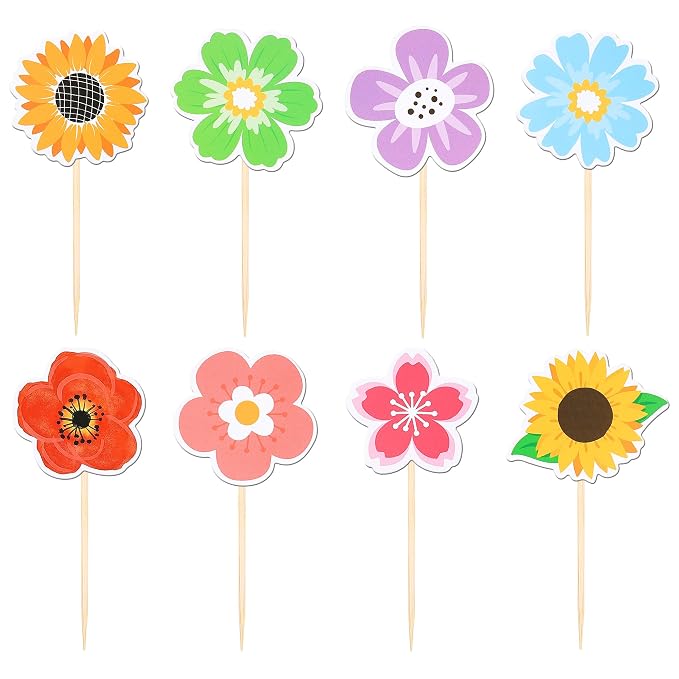 40 PCS Summer Flowers Cupcake Toppers Double Sided Colorful Sunflower Cupcake Picks Daisy Flower Cake Decorations for Summer Haiwaii Theme Baby Shower Wedding Birthday Party Supplies