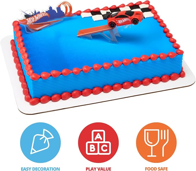 DecoSet® Hot Wheels™ Supreme Speed Cake Topper, Car Cake Decoration Set with Vehicle cake topper, Ramp and Background Pics, 3 Piece Set | For Birthday And Celebrations