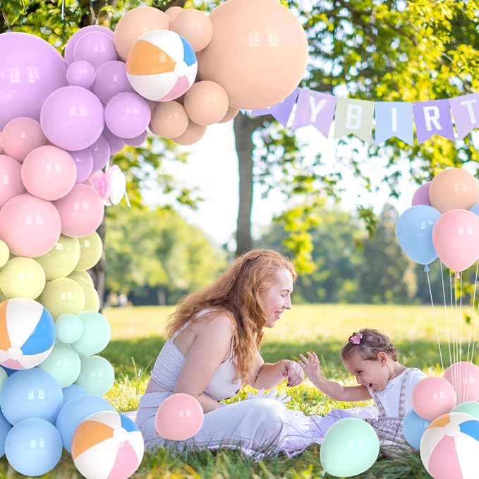 152PCS Summer Beach Balloon Arch Kit Pool Colorful Macaron Balloon Garland for Swimming Party Decorations Pastel Pink Beach Ball Birthday Wedding Gathering Supplies Decor