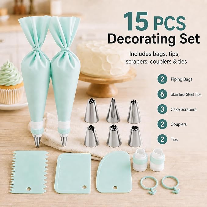 15 PCS Cake Decorating Supplies Set with 2 Reusable Superflex Piping Bags, 6 Stainless Steel Icing Tips, 3 Cake Scrapers, 2 Couplers and Ties for Beginners,Mint Green