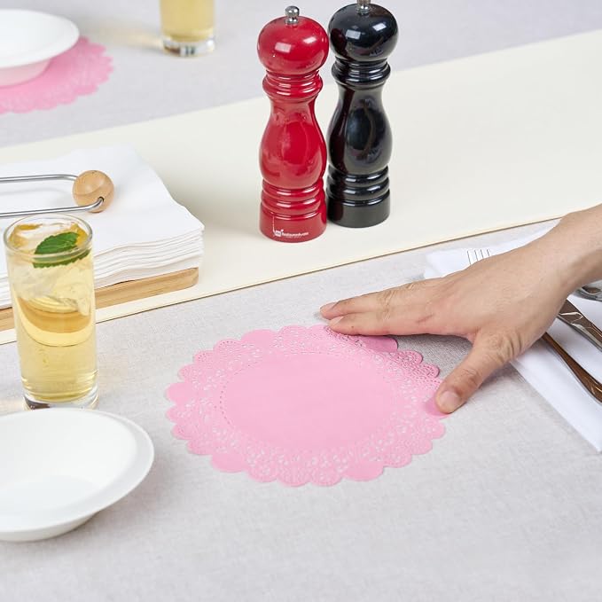 Pastry Tek 8 x 8 Inch Paper Lace Doilies, 4000 Disposable Table Doilies - Elegant Lace Finish, Long Lasting, Pink Paper Doily, for Pastries, Cupcakes, Desserts - Restaurantware