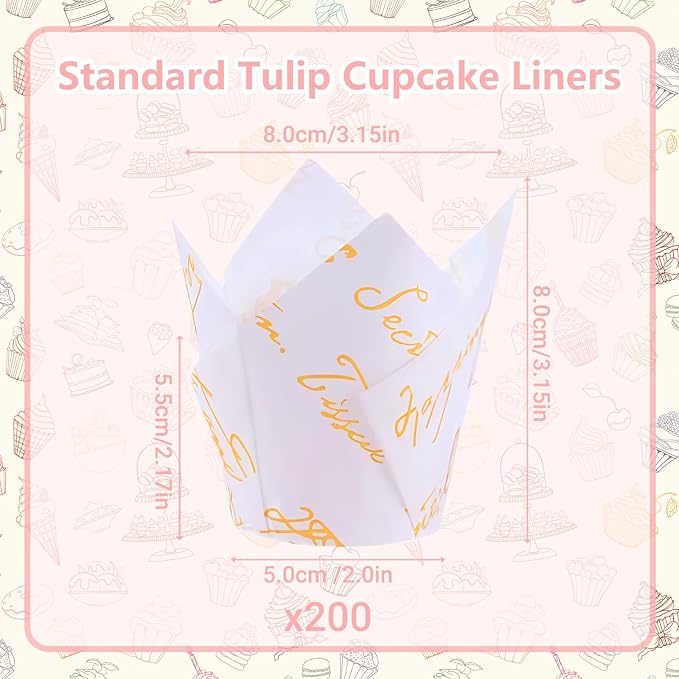 200 Pcs White Tulip Cupcake Liners for Baking, White Letters | Standard Greaseproof Tulip Muffin Liners for Baking, 3oz White Paper Cupcake Wrappers for Party Wedding Birthday