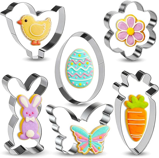 Easter Cookie Cutters 6 Pieces Metal cookie cutters Stainless Steel Sets Egg, Rabbit, Carrot, Chick, Butterfly, Daisy Shapes Cookie Cutter for Spring Holiday Baking