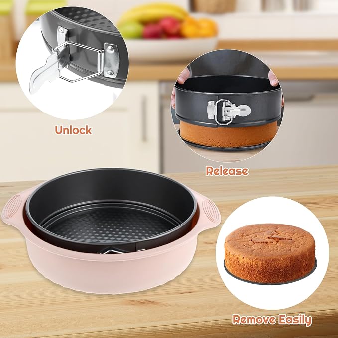 9 Inch Springform Pan with Pan Protector, Non-stick Leakproof Springform Cake Pan with Removable Bottom, Silicone Cheesecake Pan Protector Preventing Water from Entering the Springform Pan
