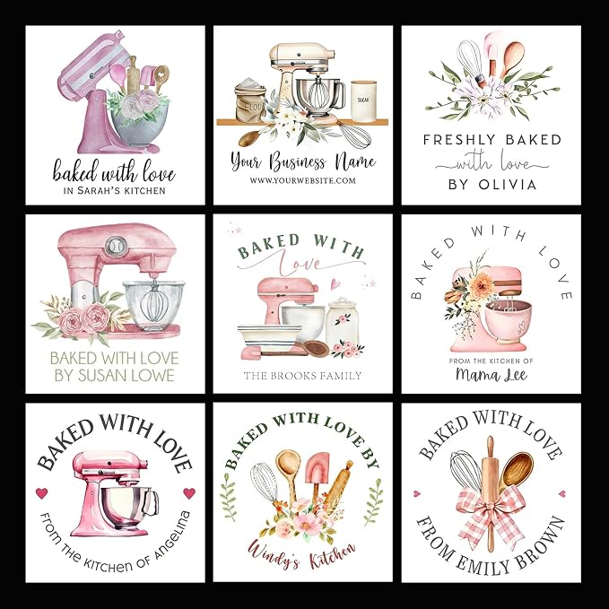 120-1000 Pack Personalized Bakery Labels,Custom Baked with Love Stickers for Homemade Goods,Branding, Packaging,Gift, Custom Cookie Business Stickers, Multiple Sizes (Square)