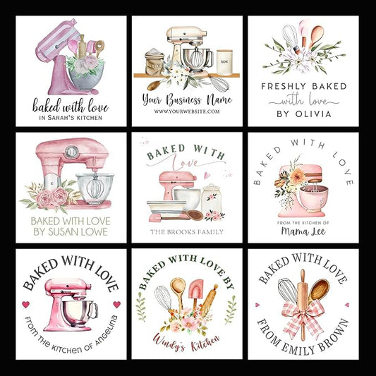 120-1000 Pack Personalized Bakery Labels,Custom Baked with Love Stickers for Homemade Goods,Branding, Packaging,Gift, Custom Cookie Business Stickers, Multiple Sizes (Square)