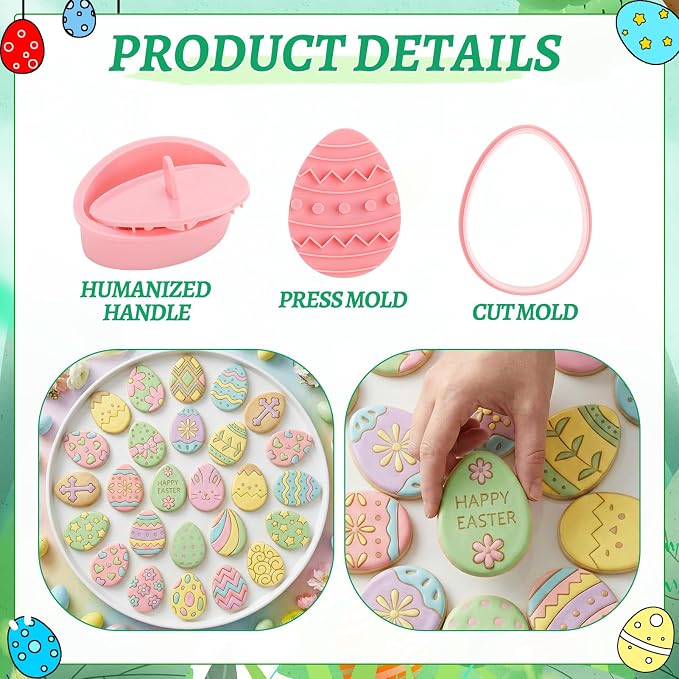 Jspupifip 20 Pcs Easter Eggs 3D Cookie Cutters Bulk, Oval Shaped Cookie Stamps DIY Press Cutters for Happy Easter Cookie Cutters Party Baking Supplies