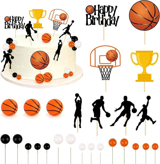 Hooqict 26Pcs Basketball Cake Decorations Set with Mini Balls, Players, Happy Birthday Basketball Cake Toppers & Cupcake Toppers for Kids Boys Men Sports Themed Basket Ball Birthday Party Decorations
