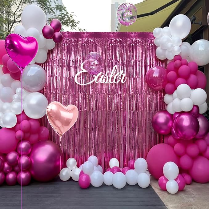157PCS Hot Pink White Balloons Garland Arch Kit with Fringe Curtain for Wedding Engagement Anniversary Birthday Graduation Bridal Baby Shower Party Decorations
