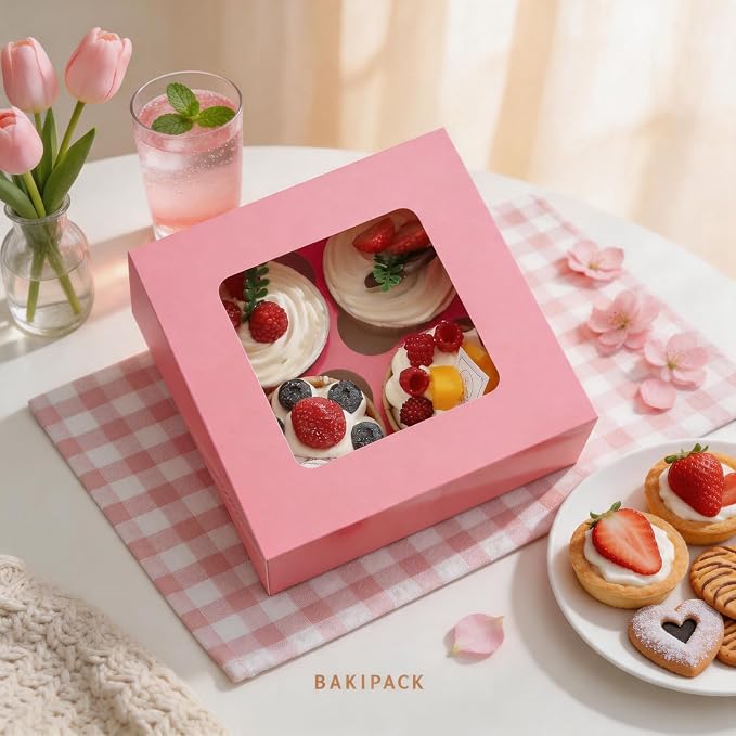 25 Pink Cupcake Boxes, 4 Count Cupcake Containers with Window and Inserts, 6.3×6.3×3 Inches Cupcake Holders for Cupcakes, Muffins, Cookies, Desserts, Pastries