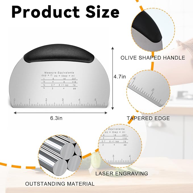 Stainless Steel Dough Scraper with Grip Handles, Premium Stainless Steel Dough Scraper Bench Scrapers Cutter Tool Multipurpose Pro Heavy Duty Pastry Scrapers Cutter with Measuring Scale