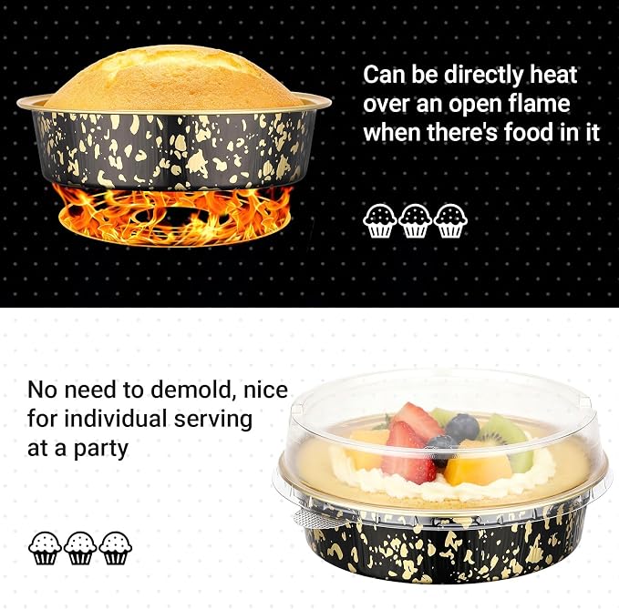 Beasea 4 Inch Pie Tins with Lids, 50 Pack 7.3 Oz Disposable Mini Tart Tins, Aluminum Foil Baking Tins Small Round Muffin Container Mini Cheesecake Cups for Pie Tart Quiche - Black Gold Speckles