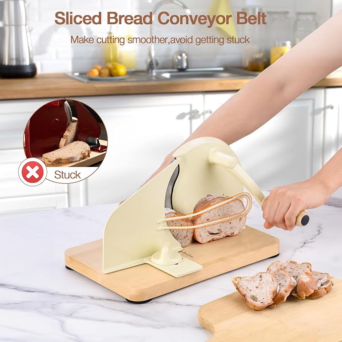 Manual Bread Slicer for Homemade Sourdough Bread, Hand Crank Bread Slicer with Scale Line, Metal Guide & Adjustable Thickness Bread Loaf Slicer, Sharp Blade Bread Cutter for Sourdough Bread (Cream)
