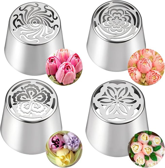 4 PCS Russian Piping Tips Set, Stainless Steel Extra Large Russian Piping Tip 3D Flower Tips for Cake Decorating, Flower Shaped Frosting Nozzle Kit for Wedding Birthday Cakes Cupcakes Cookies Baker