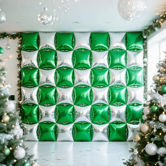 NISOCY 25PCS Green Silver Square Foil Balloons Wall Backdrop Double Sided Silver Green Balloons Arch Kit for Birthday Anniversary Graduation Forest Baby Bridal Shower Kids Party Decorations
