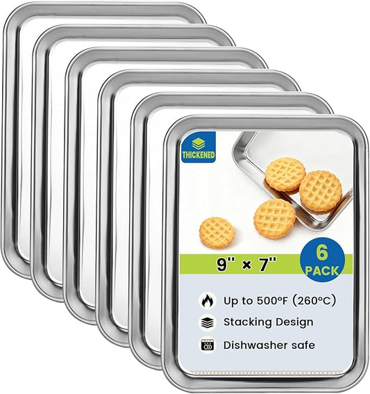 BIEAMA 6 Pack Stainless Steel Toaster Oven Baking Sheets, 9 x 7 in | Stainless steel pans with no chemical coating, mirror-polished finish and rolled edges; dishwasher safe, oven safe to 500°F.