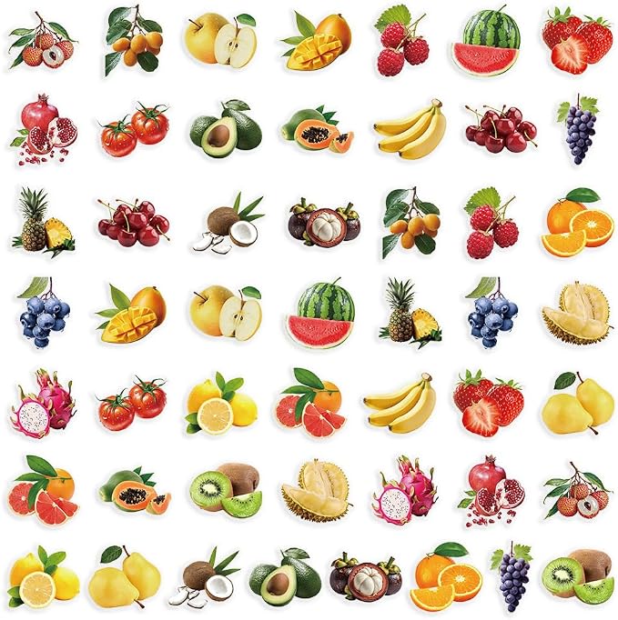 100Pcs Fruit Mix PET Stickers Pack, Transparent Fruit Stickers Waterproof Fruits Decals for Water Bottles Laptop Scrapbooking Journaling Guitar Suitcase Phone Gifts for Kids Teens