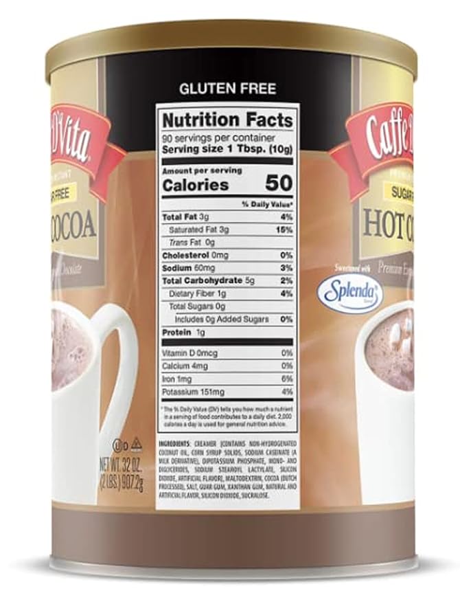 Caffe D'Vita Sugar Free Hot Cocoa Mix - Sugar Free Hot Chocolate Mix, Gluten Free, Low Fat, No Cholesterol, No Hydrogenated Oils, No Trans Fat, Kosher, Hot Cocoa Mix Bulk - 2 Lb Can