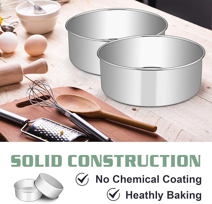 E-far 9½ x 3 Inch Round Cake Pans, Stainless Steel Deep Cake Baking Pan Tin for Birthday Wedding Party Chiffon Cheesecake, Healthy & Non-Toxic, Straight Side & Dishwasher Safe - Set of 2