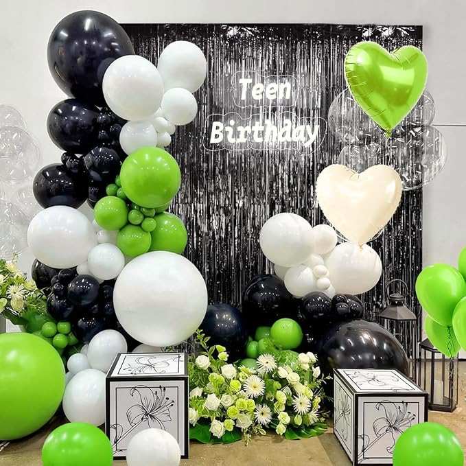 157Pcs Black White and Lime Green Balloons Garland Arch Kit with Black Fringe Curtain for Birthday Bridal Baby Shower Gender Reveal Weddings Graduation Party Decorations