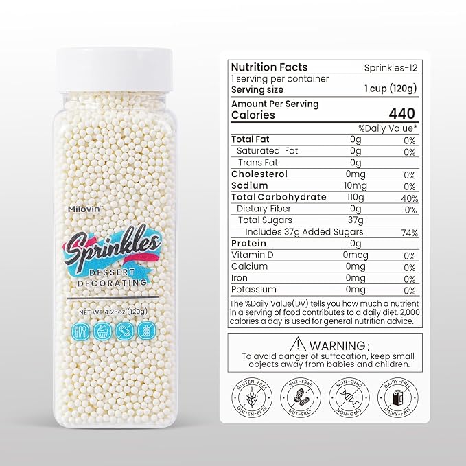 White Nonpareils Sprinkles, Edible 2mm Pearl, White Sprinkles for Cake Decorating, Cake Pops, Cupcakes, Cookies, Macaron, and Ice Cream(120g/4.23oz)