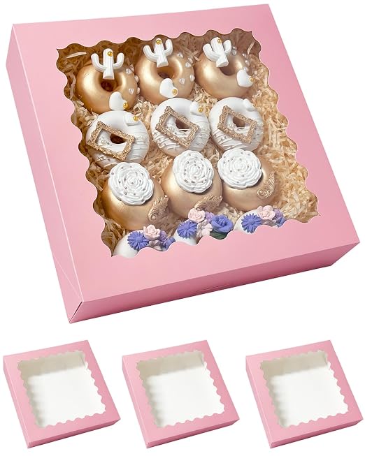 Bakepacker 20pcs Pink Pie Boxes 12x12x3 inches Easy Assemble Macaroon Cookie Boxes Bakery Boxes with Window for Bakery (Auto-pop Up)