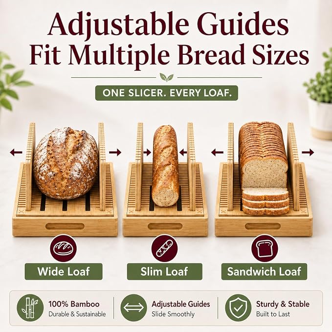 Bread Slicer For Homemade Bread - Fir and Favour Upgraded Adjustable Bamboo Bread Cutter Board - Compact Slicing Guide With Crumb/Serving Tray- Bread Loaf Slicer for Sourdough Gift