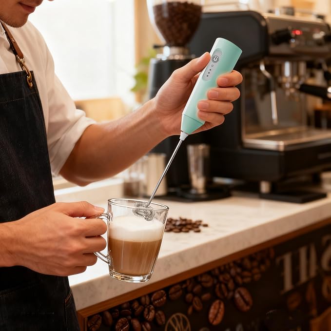 Puraville Rechargeable Electric Milk Frother Handheld, 3 Speeds Electric Whisk Drink Mixer, Type-C Charging BPA Free for Coffee, Latte, Cappuccino, Egg,Cream, Light Green