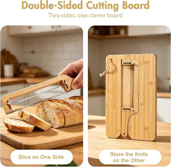 Adjustable Bread Knife Set, Bread Slicer with Cutting Board for Homemade & Sourdough Loaves, Precision Thickness Guide, Magnetic Storage, Bow Bread Cutter Gift for Artisan Bakers